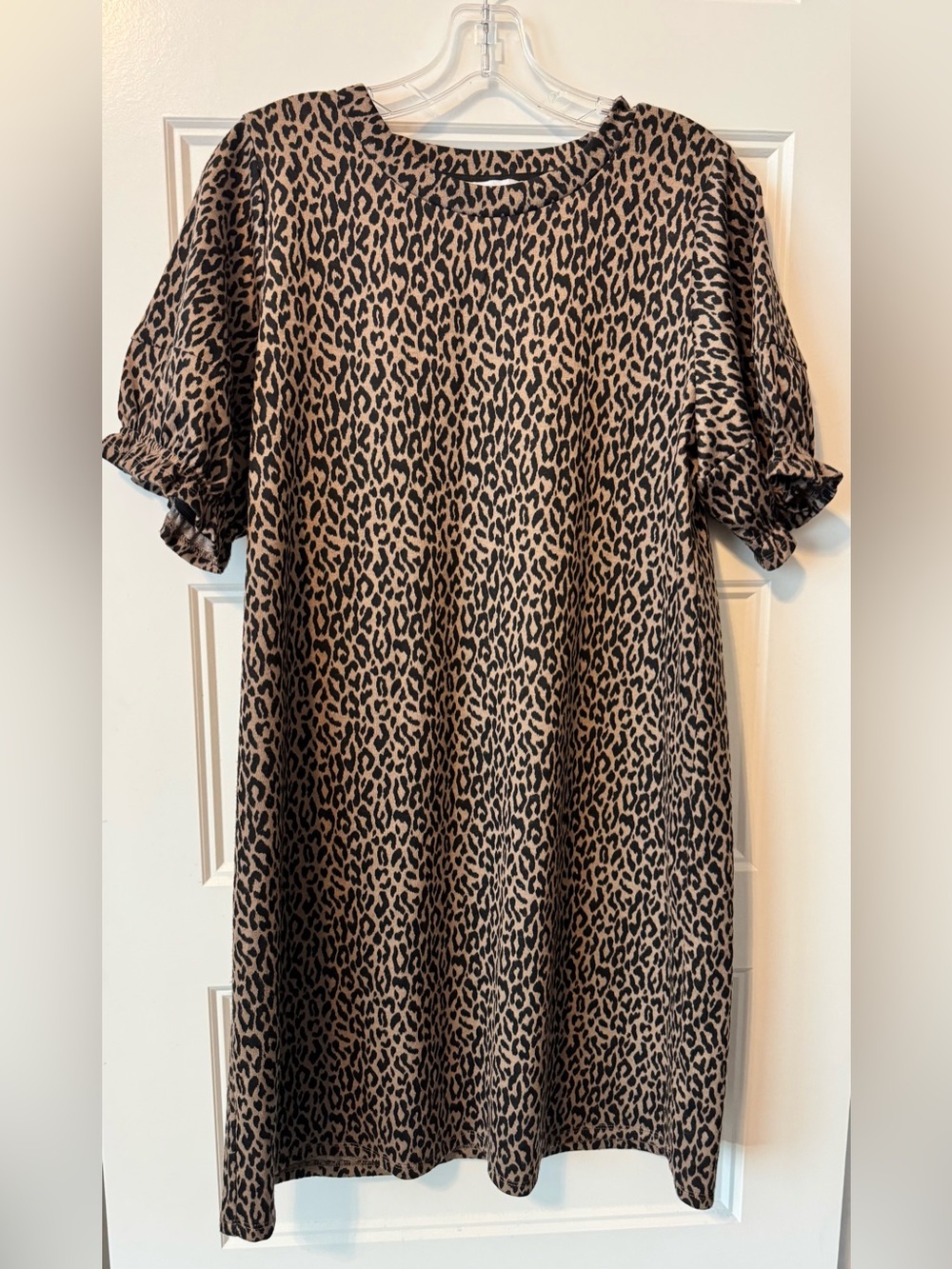 THML Leopard Print Shift Dress Brown Black Ruffle Puff Sleeves Size L
